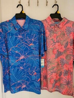 NWT Birdie Bound Men's Golf Polo Shirts Lot of 2 Size L Coral Floral & Blue